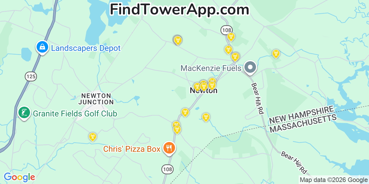 Map showing the 20 primary cell tower locations detected in Newton, New Hampshire from AT&T, Verizon, and T-Mobile networks