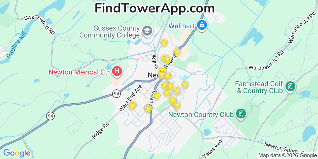 Map showing the 20 primary cell tower locations detected in Newton, New Jersey from AT&T, Verizon, and T-Mobile networks