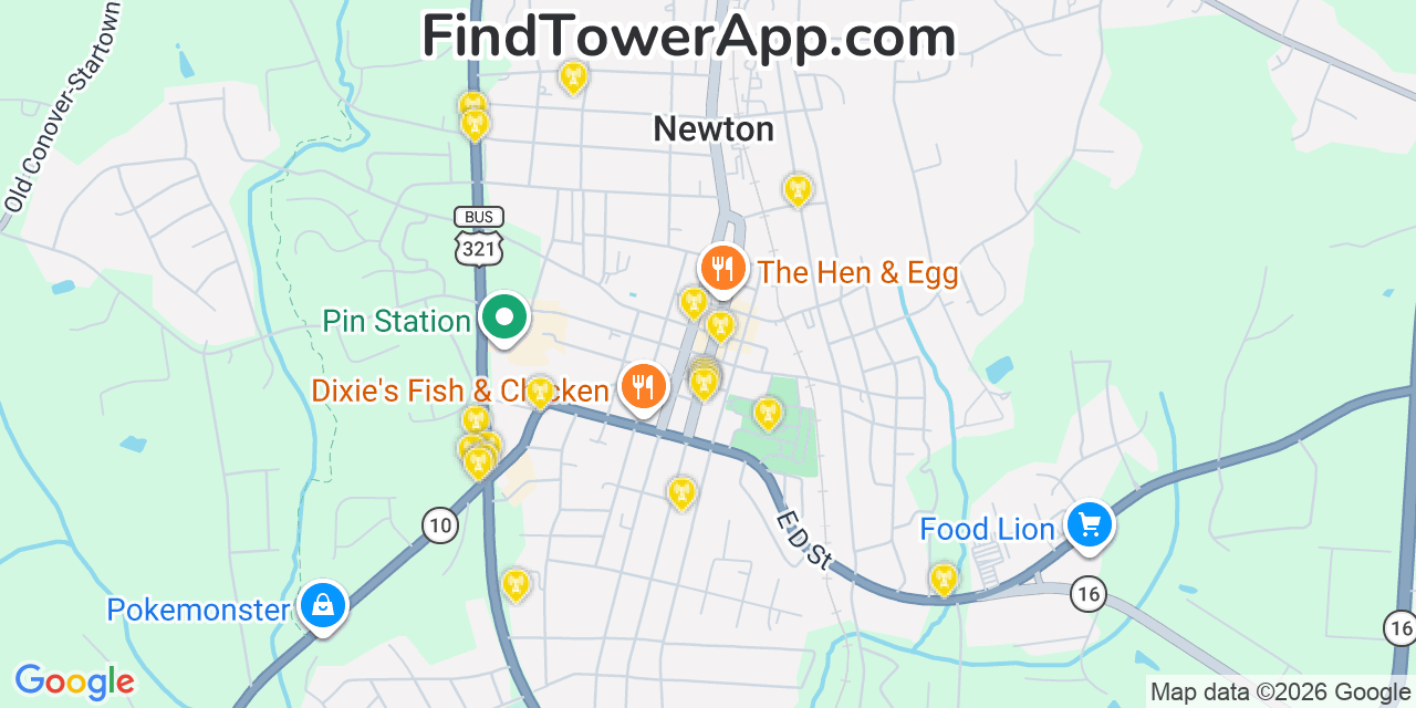 Map showing the 20 primary cell tower locations detected in Newton, North Carolina from AT&T, Verizon, and T-Mobile networks