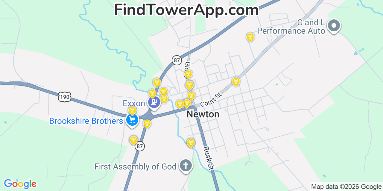 Map showing the 20 primary cell tower locations detected in Newton, Texas from AT&T, Verizon, and T-Mobile networks