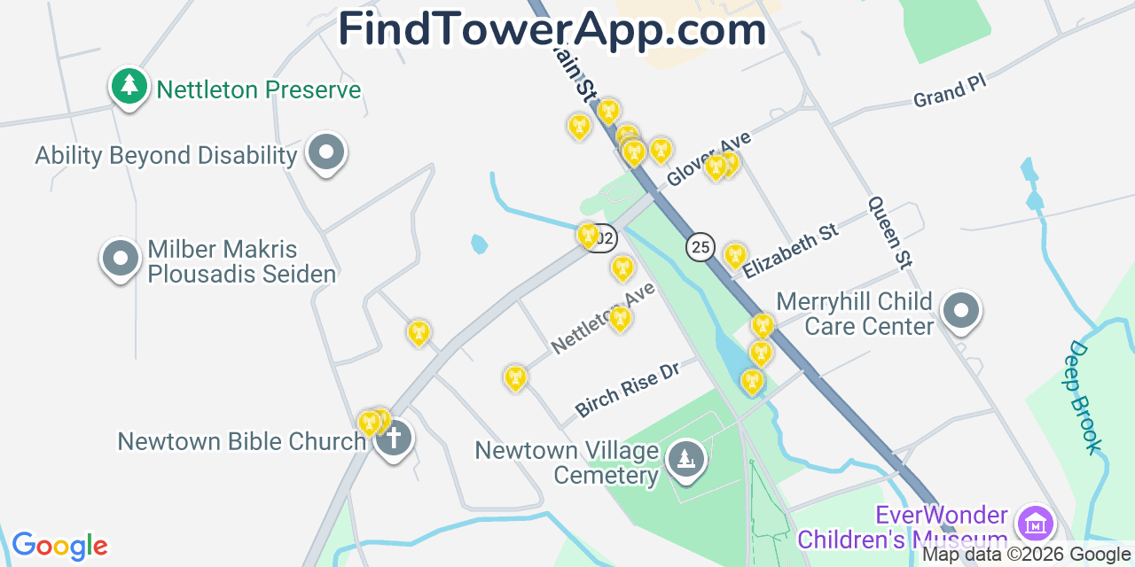 Map showing the 20 primary cell tower locations detected in Newtown, Connecticut from AT&T, Verizon, and T-Mobile networks