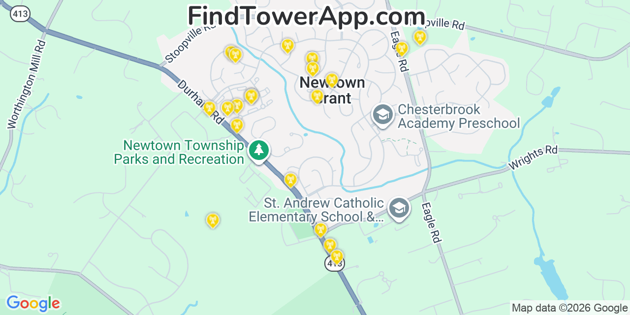 Map showing the 20 primary cell tower locations detected in Newtown Grant, Pennsylvania from AT&T, Verizon, and T-Mobile networks