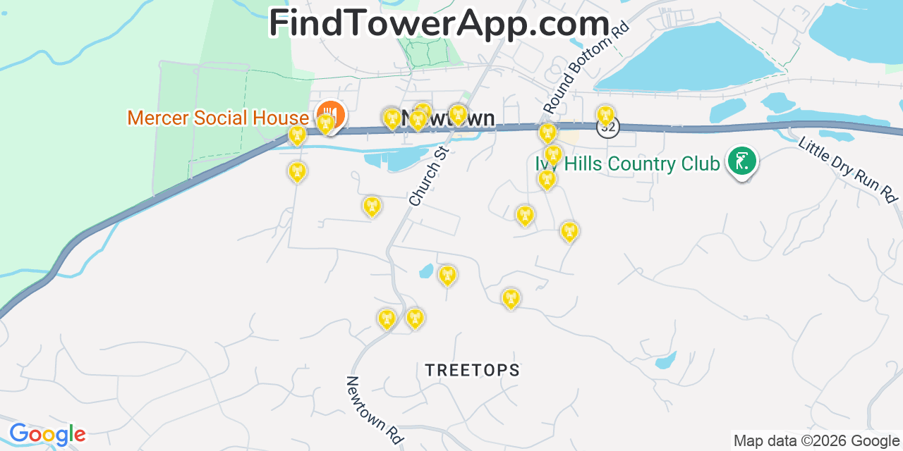 Map showing the 20 primary cell tower locations detected in Newtown, Ohio from AT&T, Verizon, and T-Mobile networks