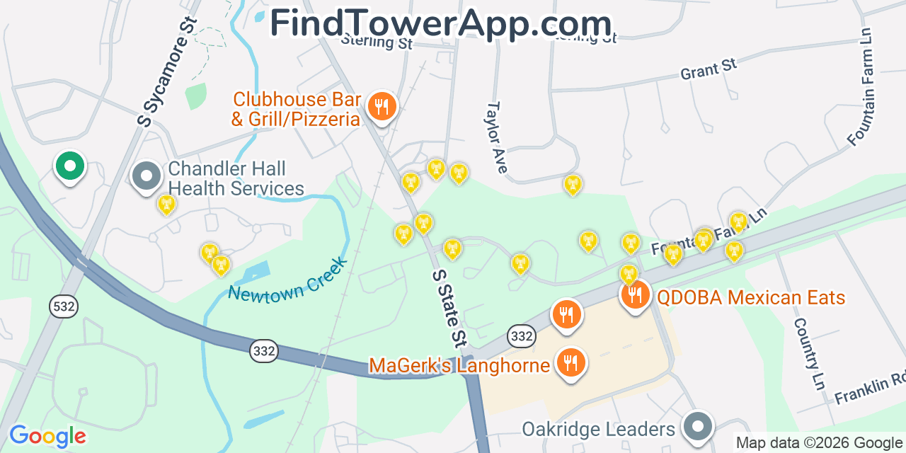 Map showing the 20 primary cell tower locations detected in Newtown, Pennsylvania from AT&T, Verizon, and T-Mobile networks