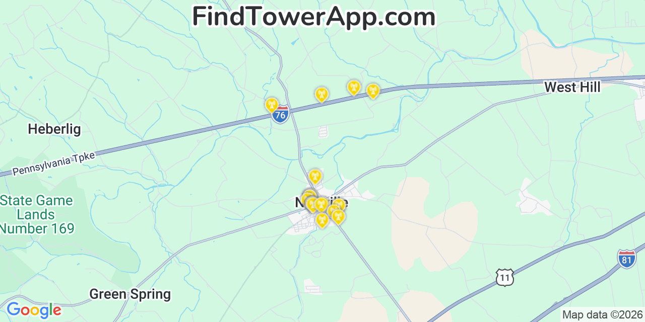 Map showing the 20 primary cell tower locations detected in Newville, Pennsylvania from AT&T, Verizon, and T-Mobile networks