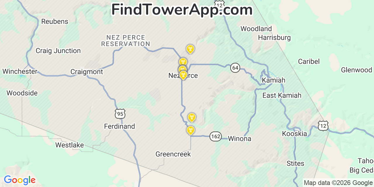 Map showing the 20 primary cell tower locations detected in Nezperce, Idaho from AT&T, Verizon, and T-Mobile networks