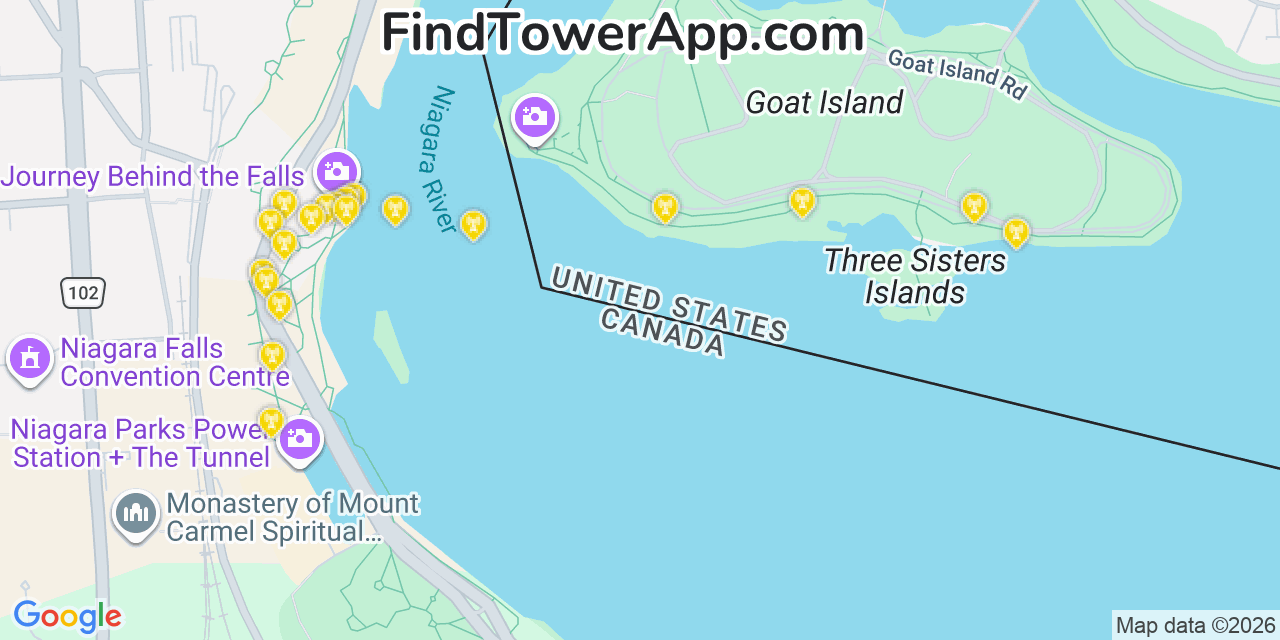 Map showing the 20 primary cell tower locations detected in Niagara Falls, New York from AT&T, Verizon, and T-Mobile networks