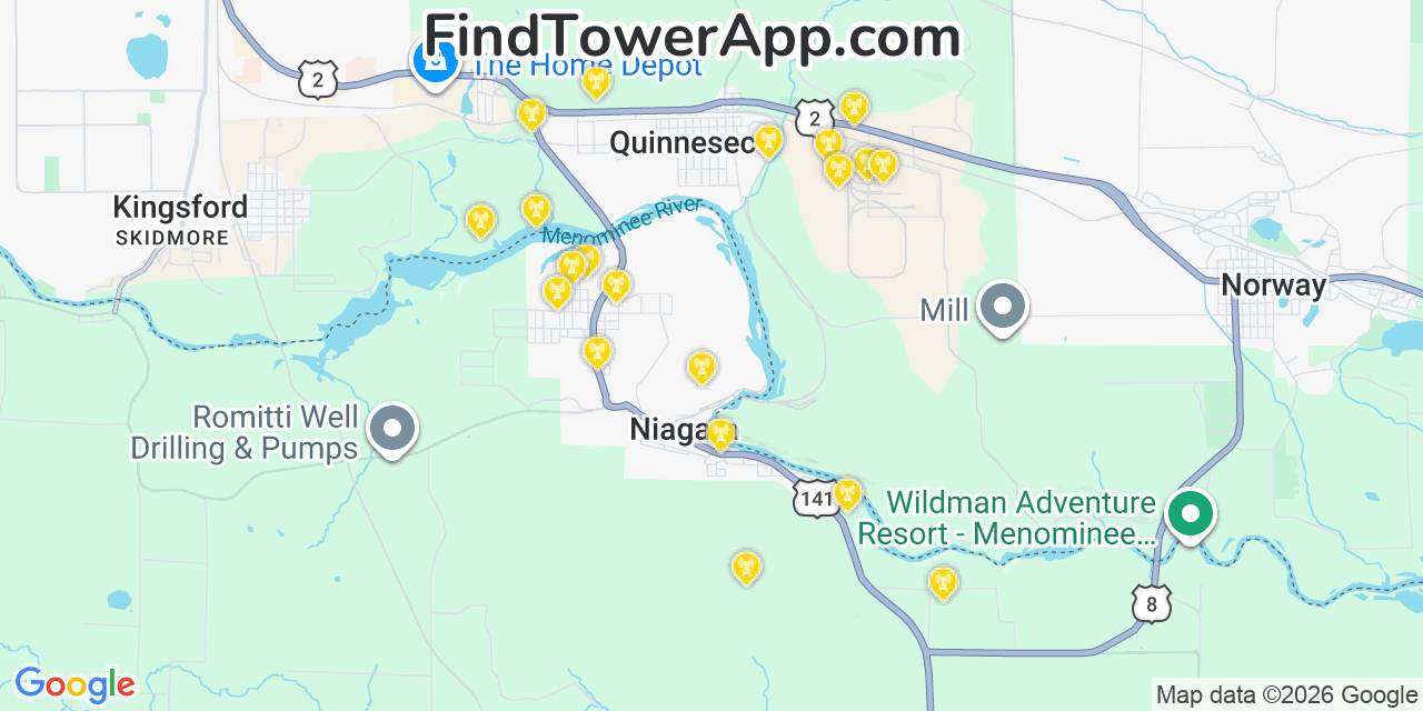 Map showing the 20 primary cell tower locations detected in Niagara, Wisconsin from AT&T, Verizon, and T-Mobile networks