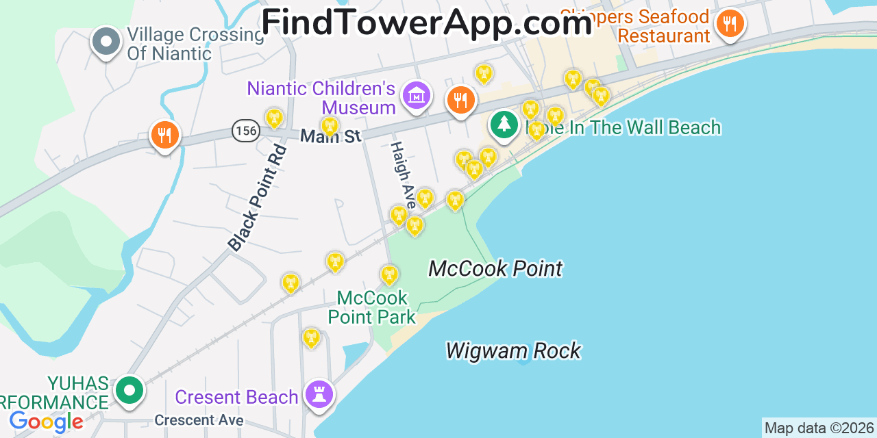 Map showing the 20 primary cell tower locations detected in Niantic, Connecticut from AT&T, Verizon, and T-Mobile networks