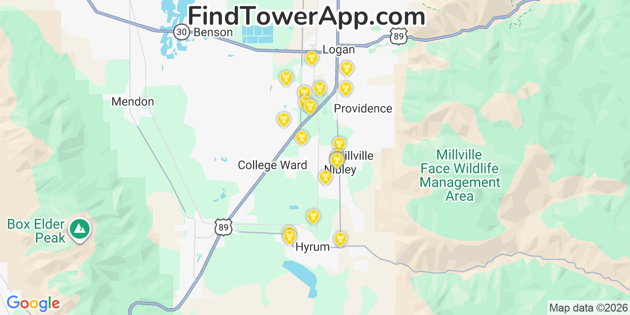 Map showing the 20 primary cell tower locations detected in Nibley, Utah from AT&T, Verizon, and T-Mobile networks
