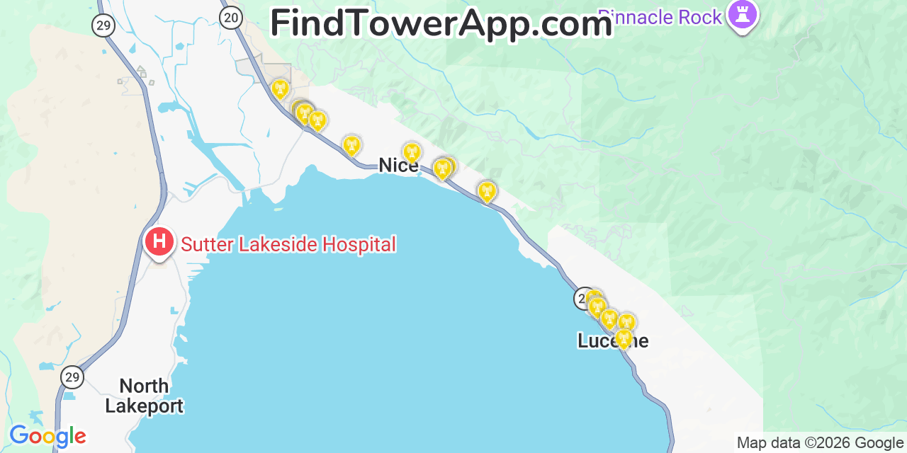 Map showing the 20 primary cell tower locations detected in Nice, California from AT&T, Verizon, and T-Mobile networks