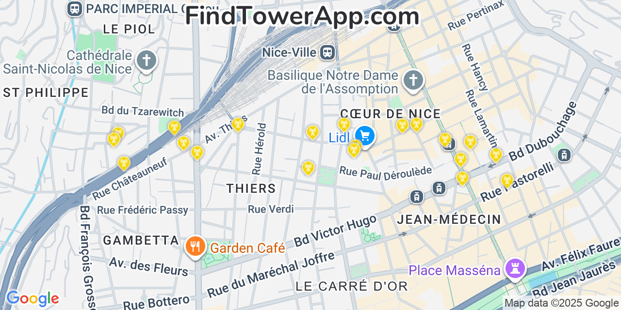 Map showing the 20 primary cell tower locations detected in Nice, France with coverage areas and signal strength
