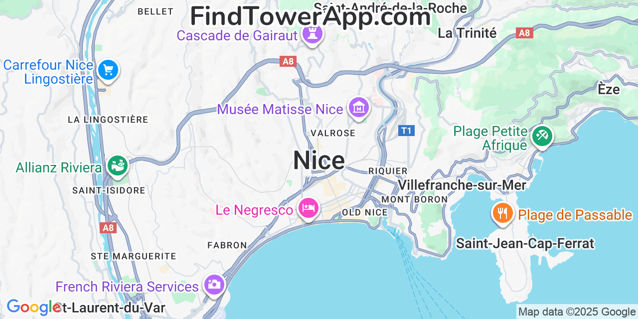 Map showing the 0 primary SFR cell tower locations detected in Nice, France with coverage radius and signal strength indicators