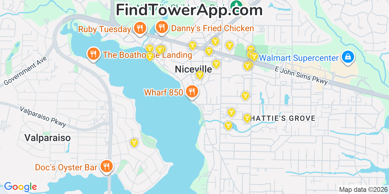 Map showing the 20 primary cell tower locations detected in Niceville, Florida from AT&T, Verizon, and T-Mobile networks