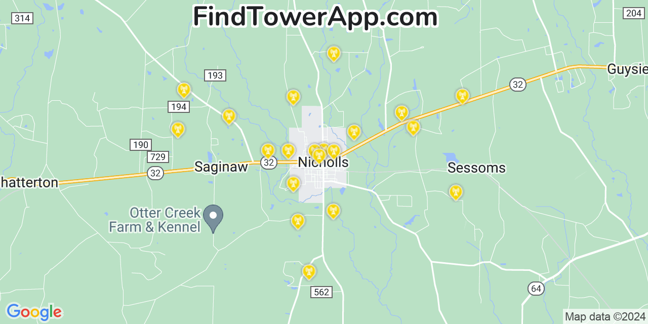 AT&T 4G/5G cell tower coverage map Nicholls, Georgia