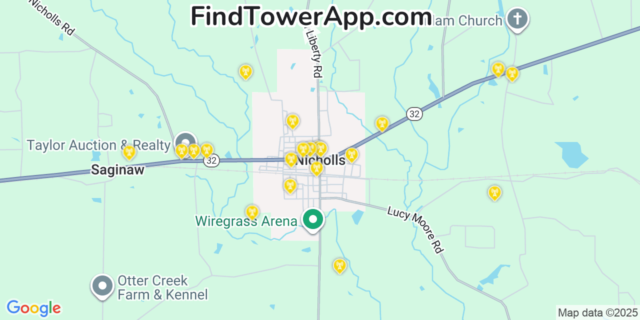 Map showing the 20 primary cell tower locations detected in Nicholls, Georgia from AT&T, Verizon, and T-Mobile networks