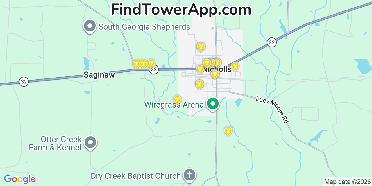 Map showing the 20 primary cell tower locations detected in Nicholls, Georgia from AT&T, Verizon, and T-Mobile networks