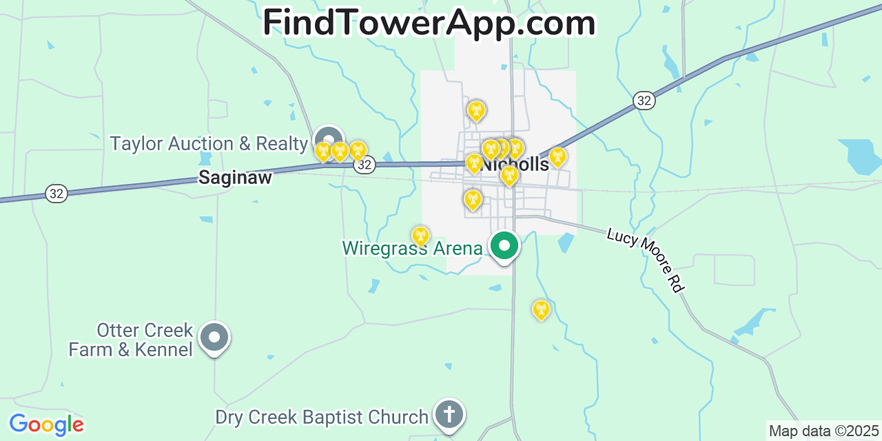 Map showing the 20 primary Mobitel cell tower locations detected in Nicholls, Georgia with coverage radius and signal strength indicators