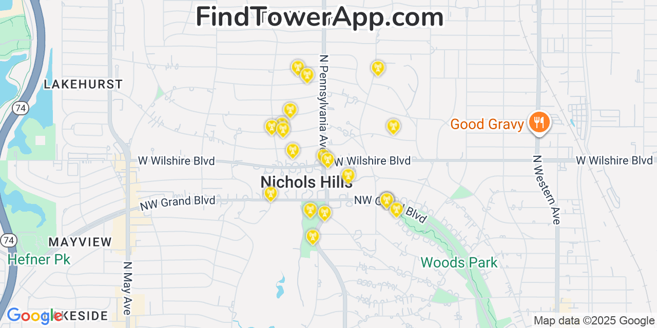 Map showing the 20 primary cell tower locations detected in Nichols Hills, Oklahoma from AT&T, Verizon, and T-Mobile networks