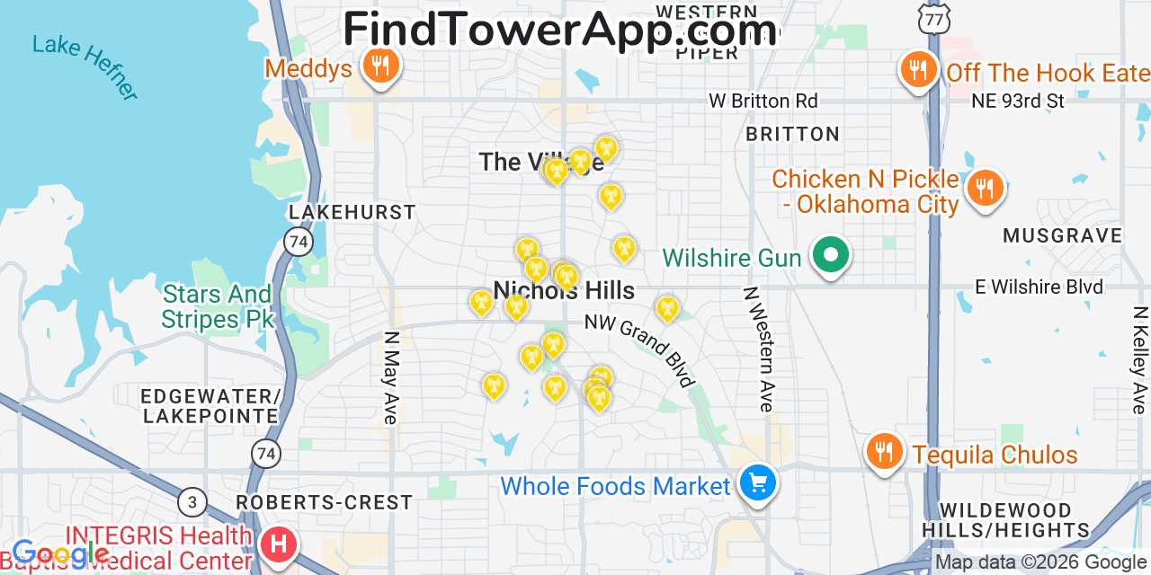 Map showing the 20 primary cell tower locations detected in Nichols Hills, Oklahoma from AT&T, Verizon, and T-Mobile networks