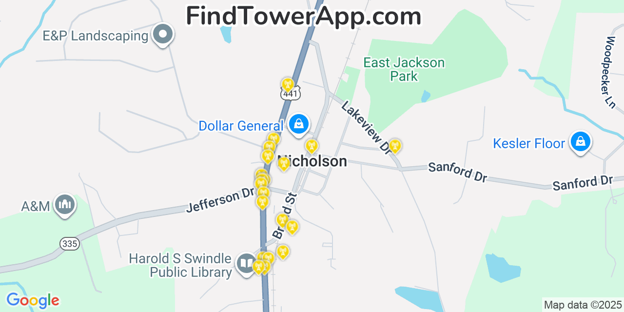Map showing the 20 primary cell tower locations detected in Nicholson, Georgia from AT&T, Verizon, and T-Mobile networks