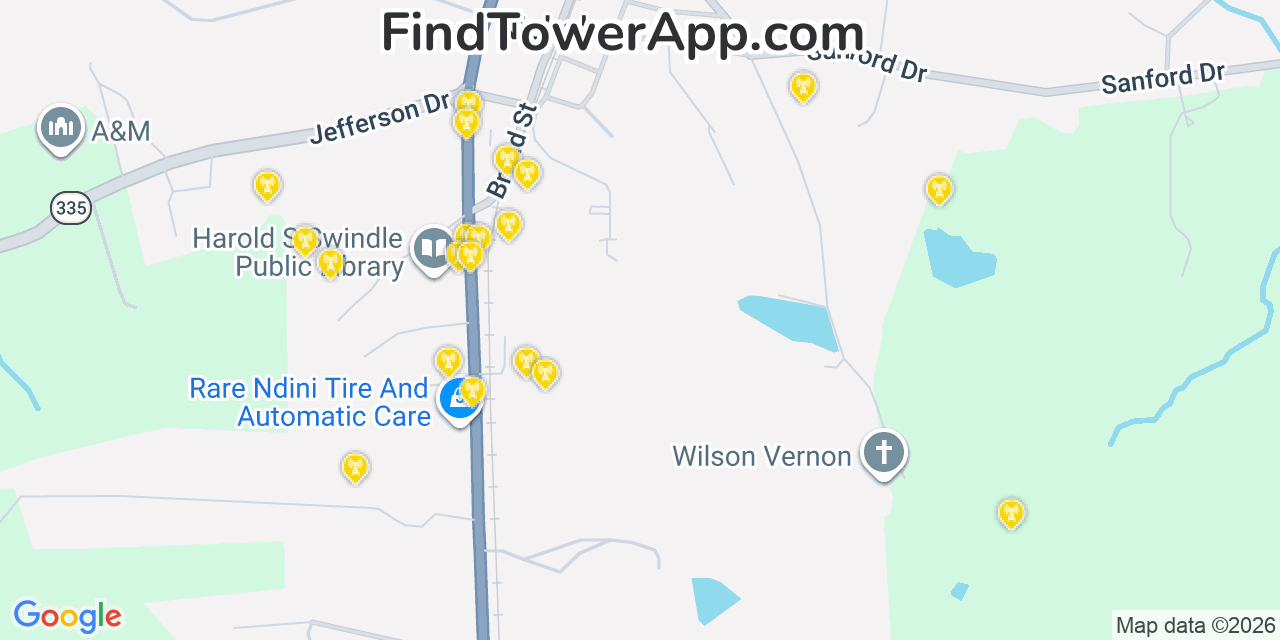 Map showing the 20 primary cell tower locations detected in Nicholson, Georgia from AT&T, Verizon, and T-Mobile networks