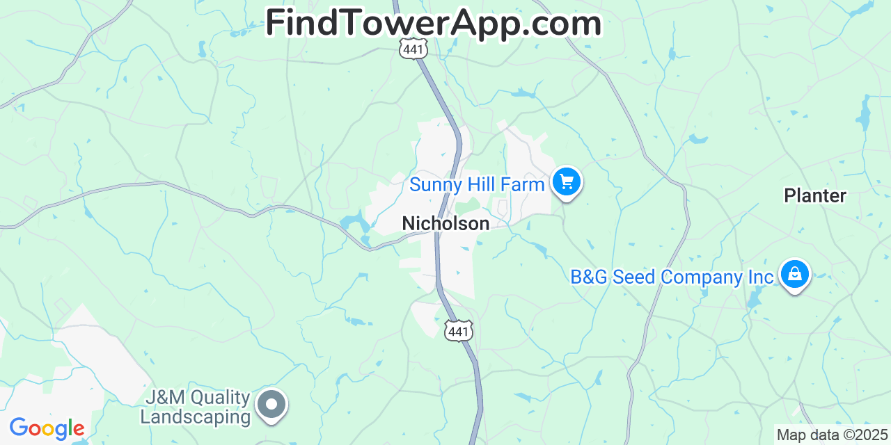 Map showing the 20 primary Mobitel cell tower locations detected in Nicholson, Georgia with coverage radius and signal strength indicators