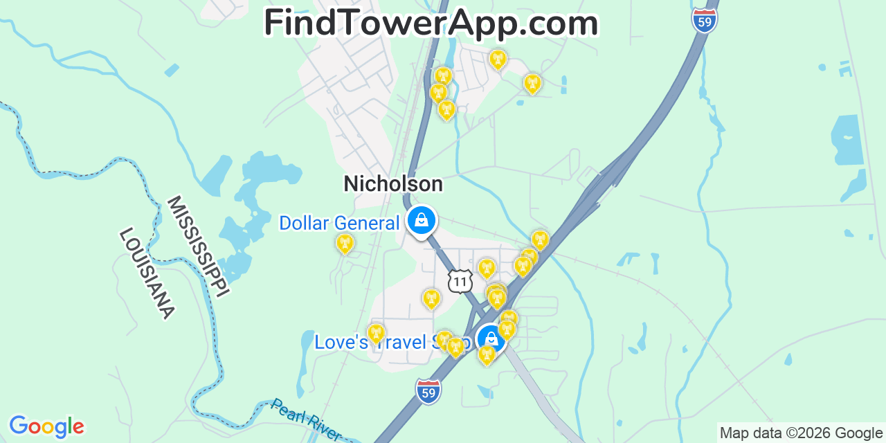 Map showing the 20 primary cell tower locations detected in Nicholson, Mississippi from AT&T, Verizon, and T-Mobile networks