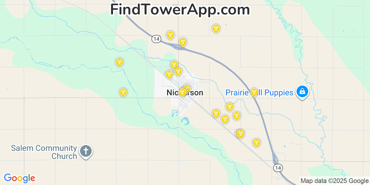 Map showing the 20 primary cell tower locations detected in Nickerson, Kansas from AT&T, Verizon, and T-Mobile networks