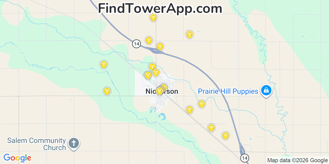 Map showing the 20 primary cell tower locations detected in Nickerson, Kansas from AT&T, Verizon, and T-Mobile networks