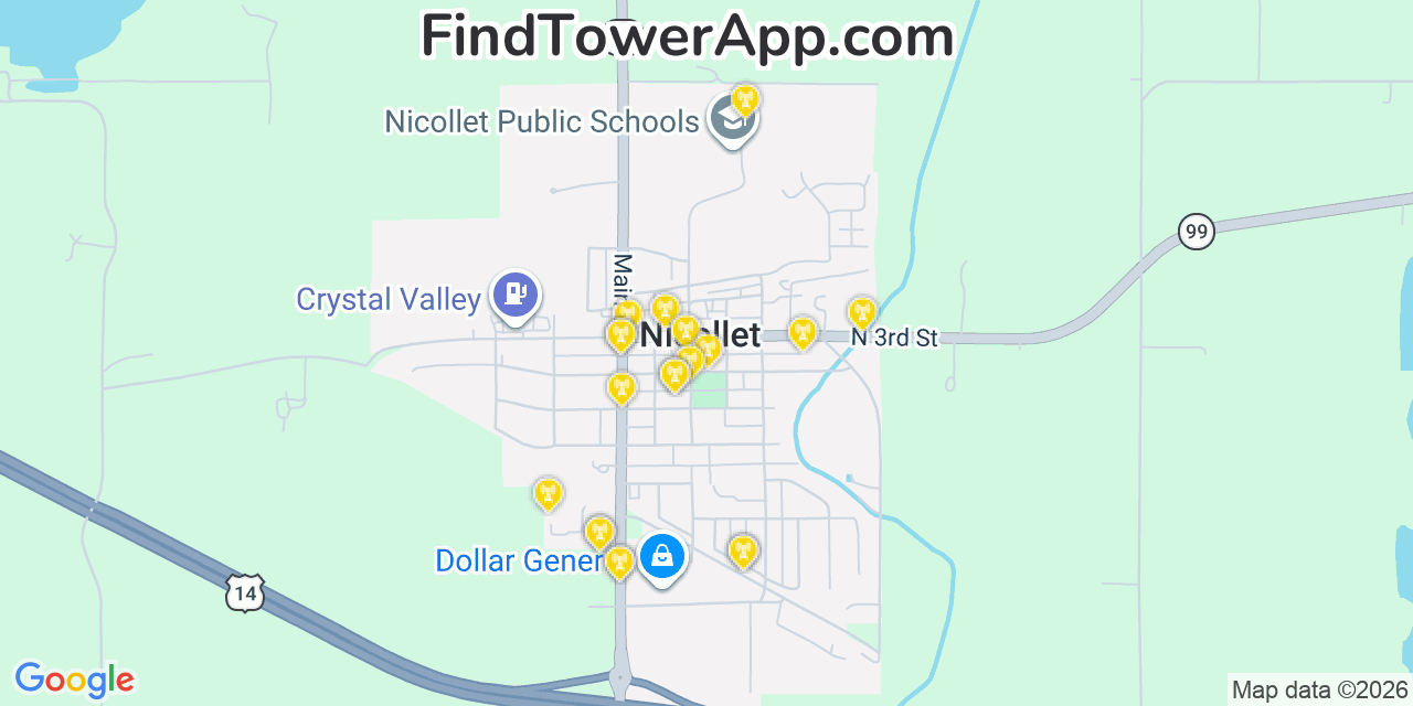 Map showing the 20 primary cell tower locations detected in Nicollet, Minnesota from AT&T, Verizon, and T-Mobile networks