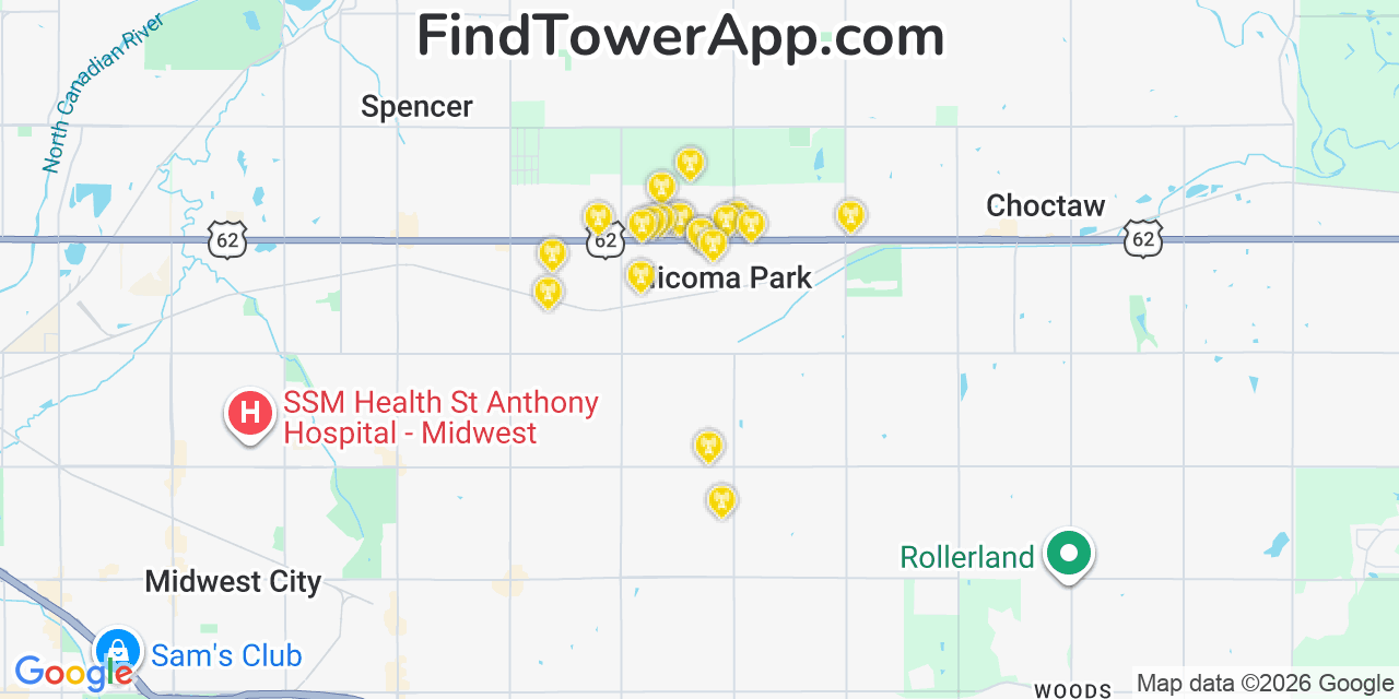 Map showing the 20 primary cell tower locations detected in Nicoma Park, Oklahoma from AT&T, Verizon, and T-Mobile networks