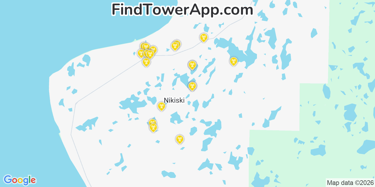 Map showing the 20 primary cell tower locations detected in Nikiski, Alaska from AT&T, Verizon, and T-Mobile networks