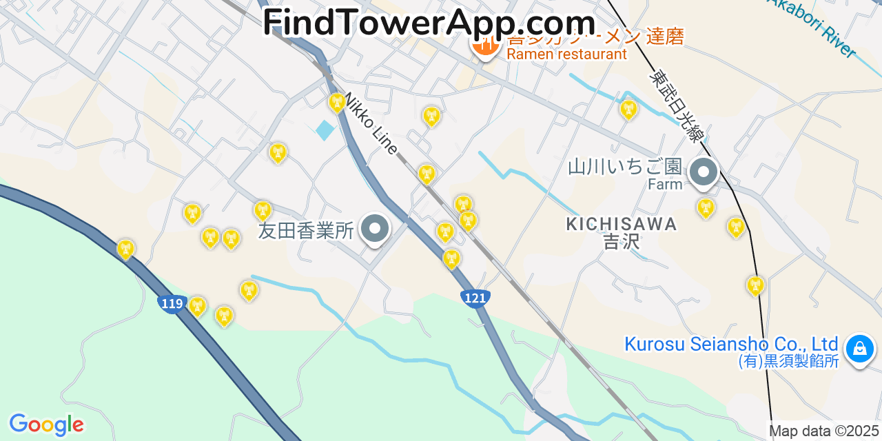 Map showing the 20 primary cell tower locations detected in Nikko, Japan with coverage areas and signal strength