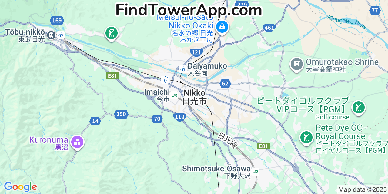 Map showing the 0 primary Wireless-City-Planning cell tower locations detected in Nikko, Japan with coverage radius and signal strength indicators
