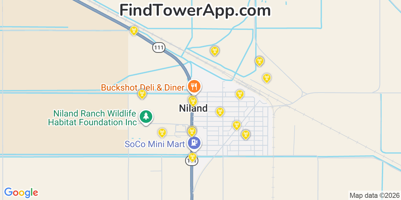 Map showing the 20 primary cell tower locations detected in Niland, California from AT&T, Verizon, and T-Mobile networks