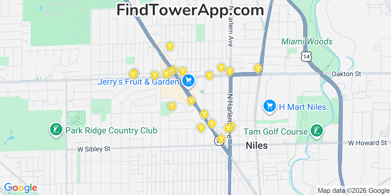 Map showing the 20 primary cell tower locations detected in Niles, Illinois from AT&T, Verizon, and T-Mobile networks