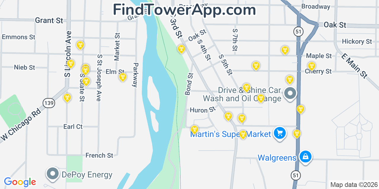 Map showing the 20 primary cell tower locations detected in Niles, Michigan from AT&T, Verizon, and T-Mobile networks