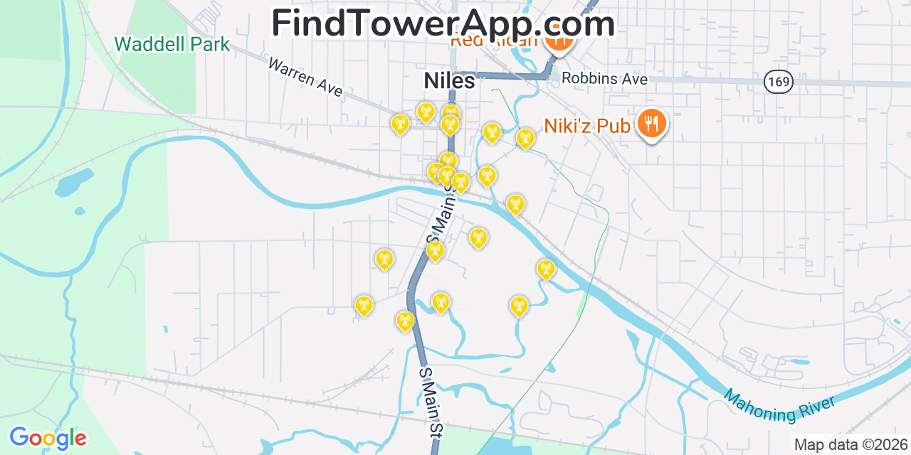Map showing the 20 primary cell tower locations detected in Niles, Ohio from AT&T, Verizon, and T-Mobile networks