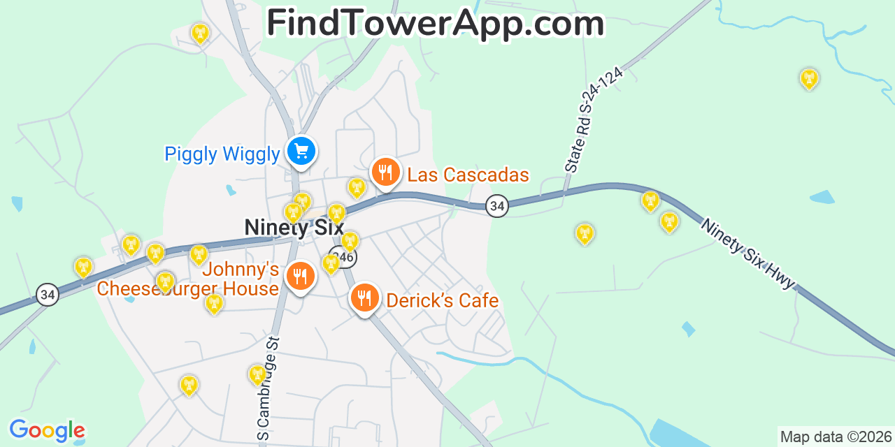Map showing the 20 primary cell tower locations detected in Ninety Six, South Carolina from AT&T, Verizon, and T-Mobile networks