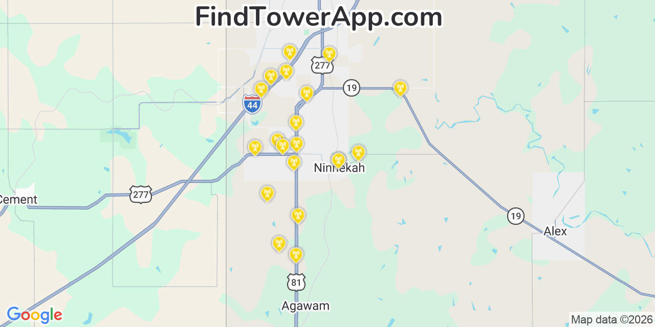 Map showing the 20 primary cell tower locations detected in Ninnekah, Oklahoma from AT&T, Verizon, and T-Mobile networks