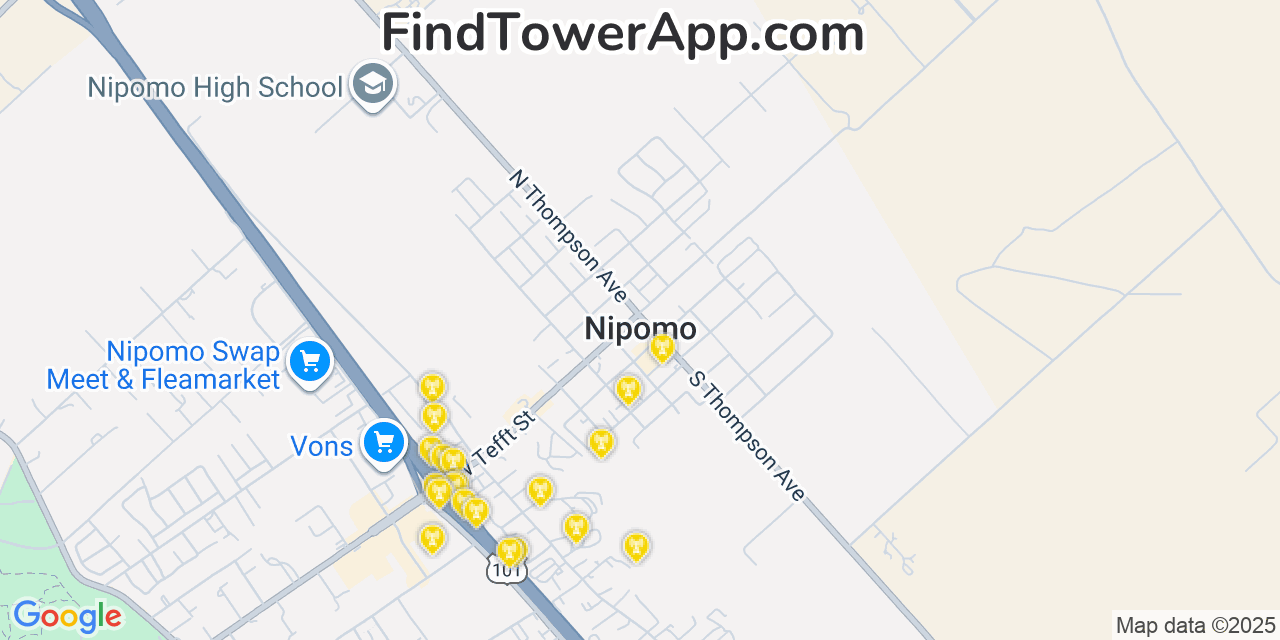 Map showing the 20 primary cell tower locations detected in Nipomo, California from AT&T, Verizon, and T-Mobile networks