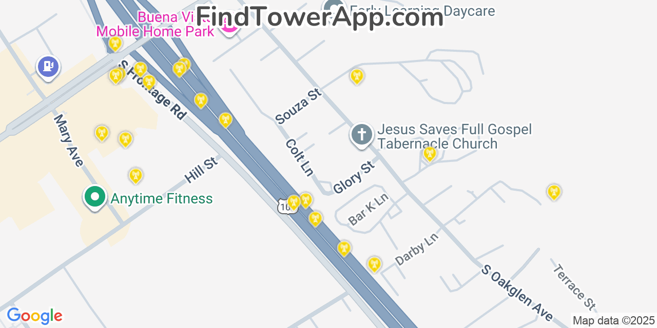 Map showing the 20 primary cell tower locations detected in Nipomo, California from AT&T, Verizon, and T-Mobile networks