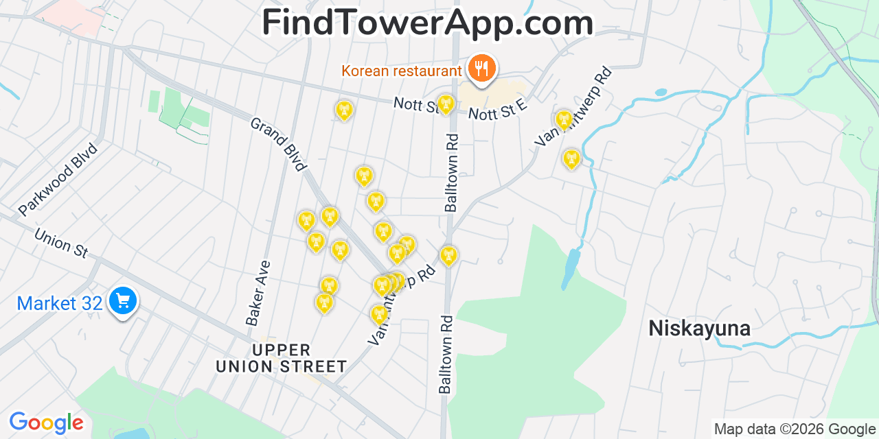 Map showing the 20 primary cell tower locations detected in Niskayuna, New York from AT&T, Verizon, and T-Mobile networks