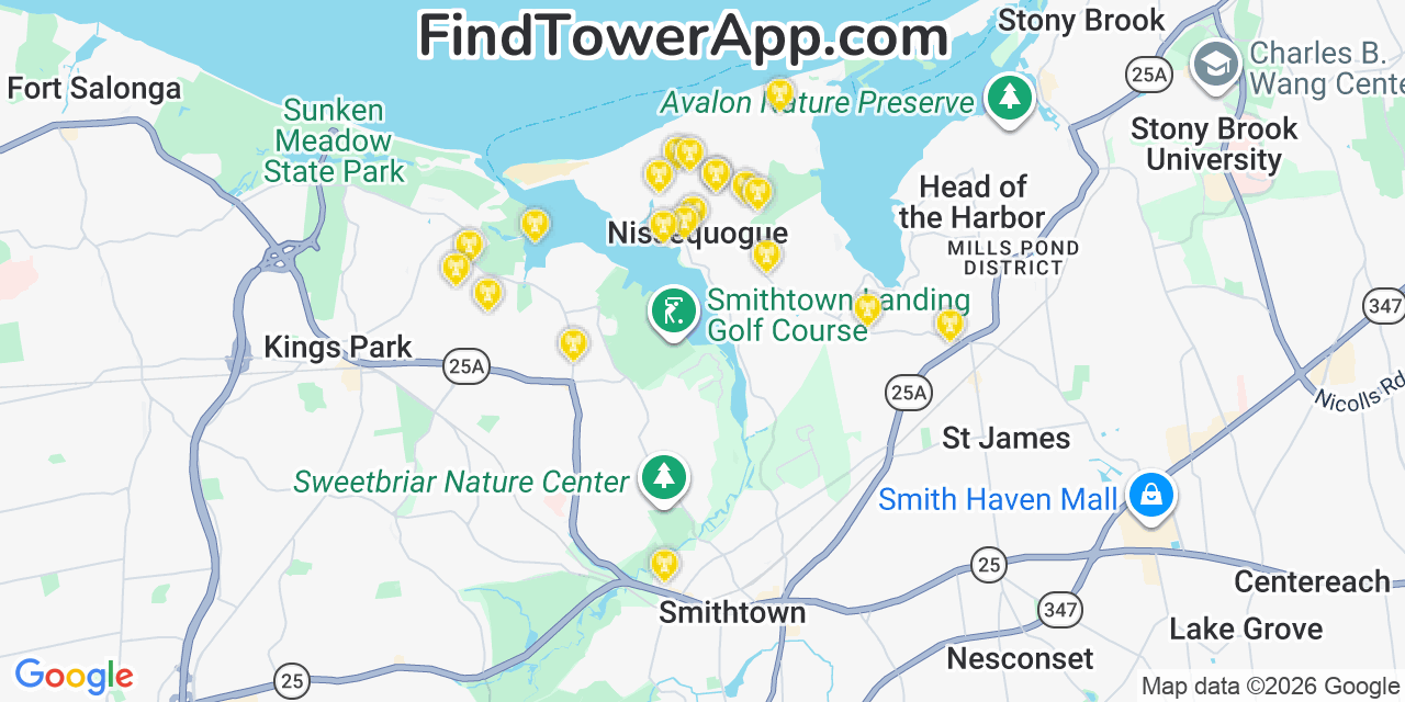 Map showing the 20 primary cell tower locations detected in Nissequogue, New York from AT&T, Verizon, and T-Mobile networks