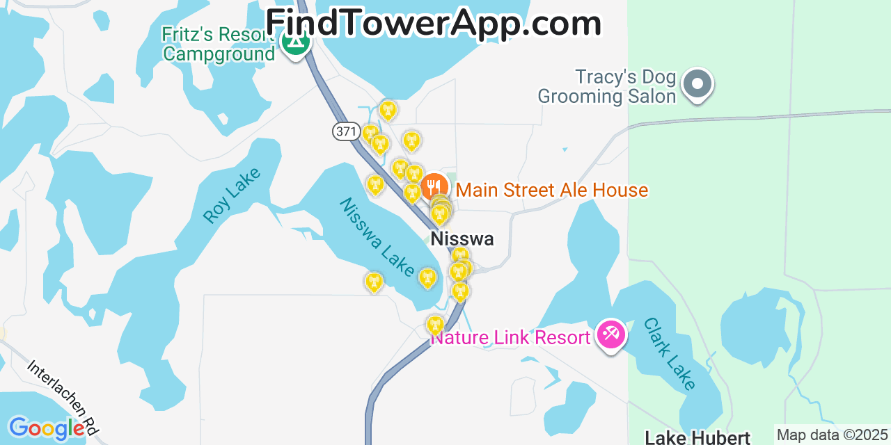 Map showing the 20 primary cell tower locations detected in Nisswa, Minnesota from AT&T, Verizon, and T-Mobile networks