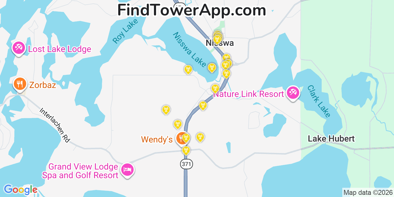 Map showing the 20 primary cell tower locations detected in Nisswa, Minnesota from AT&T, Verizon, and T-Mobile networks