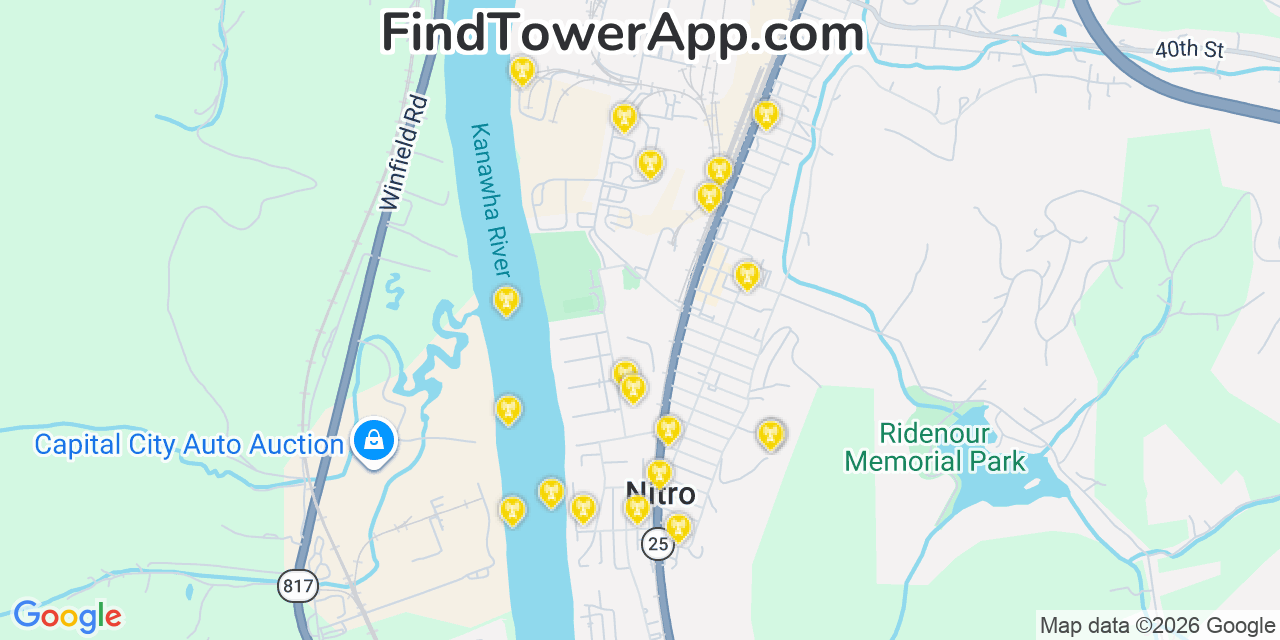Map showing the 20 primary cell tower locations detected in Nitro, West Virginia from AT&T, Verizon, and T-Mobile networks