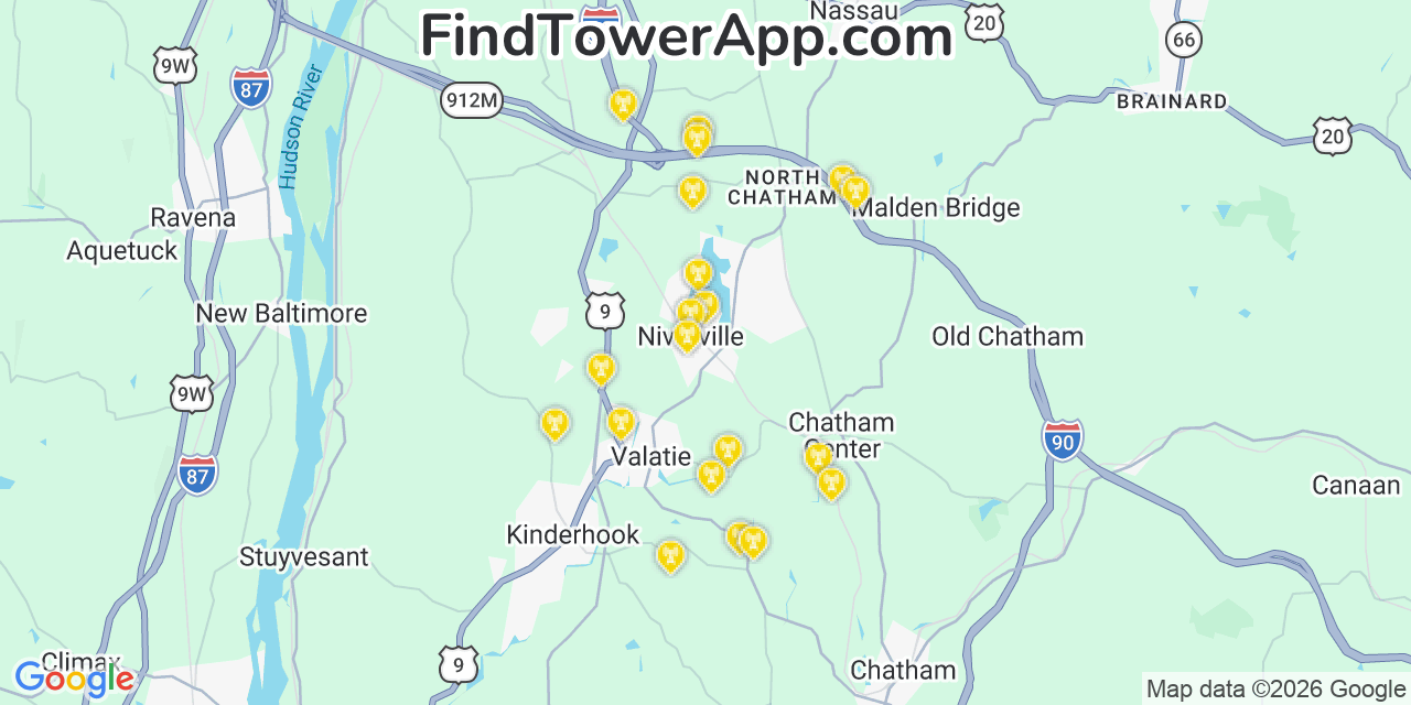 Map showing the 20 primary cell tower locations detected in Niverville, New York from AT&T, Verizon, and T-Mobile networks