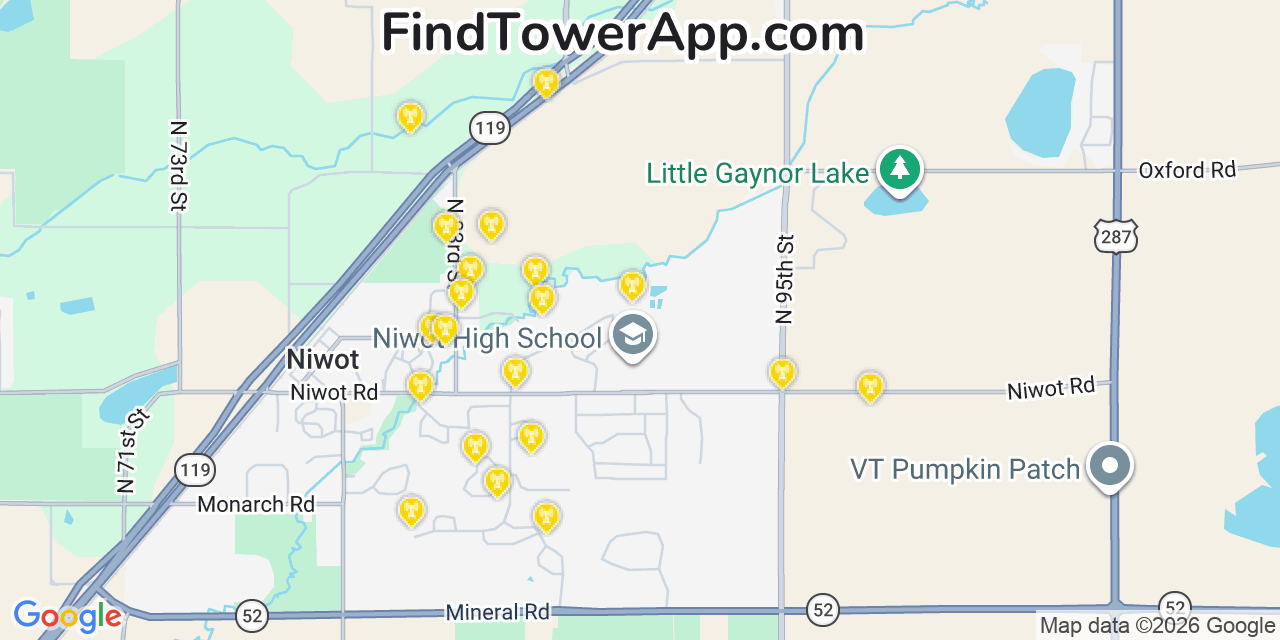 Map showing the 20 primary cell tower locations detected in Niwot, Colorado from AT&T, Verizon, and T-Mobile networks